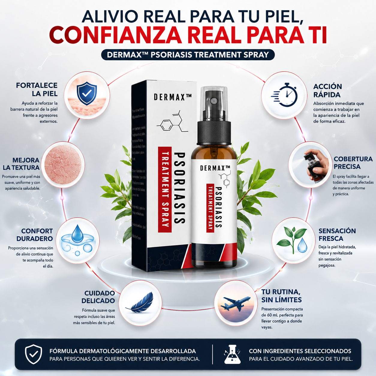 Psoriasis Spray- Alivio práctico para piel sensible e irritada